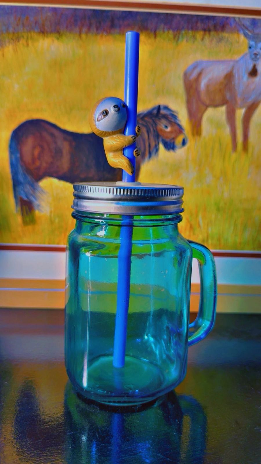 Novelty Glass Mason Jar Mug with Sloth Straw Topper - Blue | Reusable Straw Included