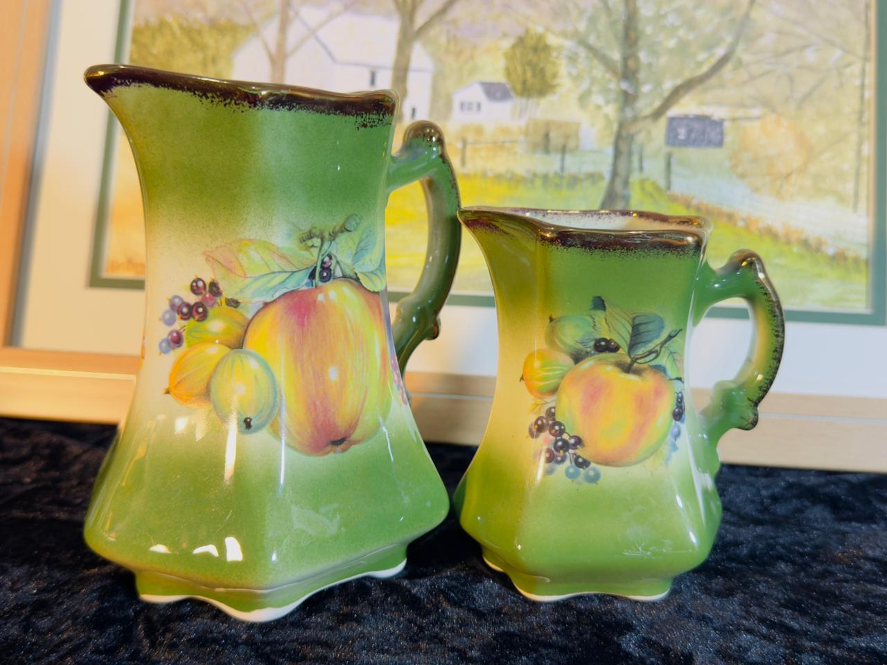 Green Ceramic Pitcher Set - 2 Pieces with Hand-Painted Peach & Grapes Design