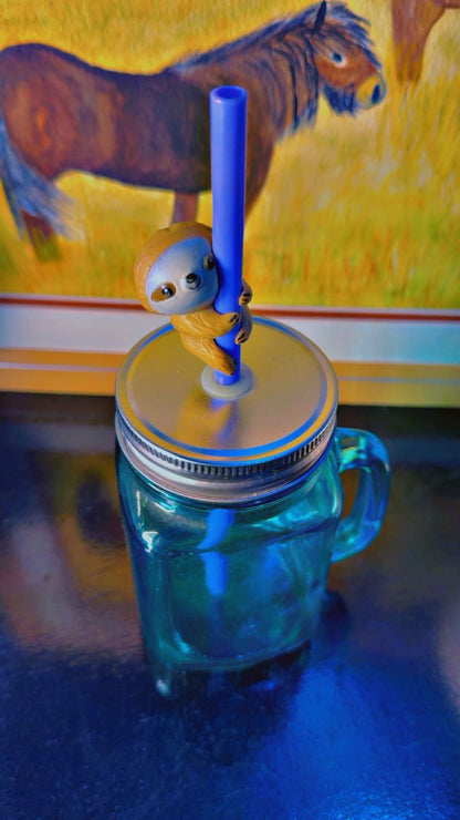 Novelty Glass Mason Jar Mug with Sloth Straw Topper - Blue | Reusable Straw Included