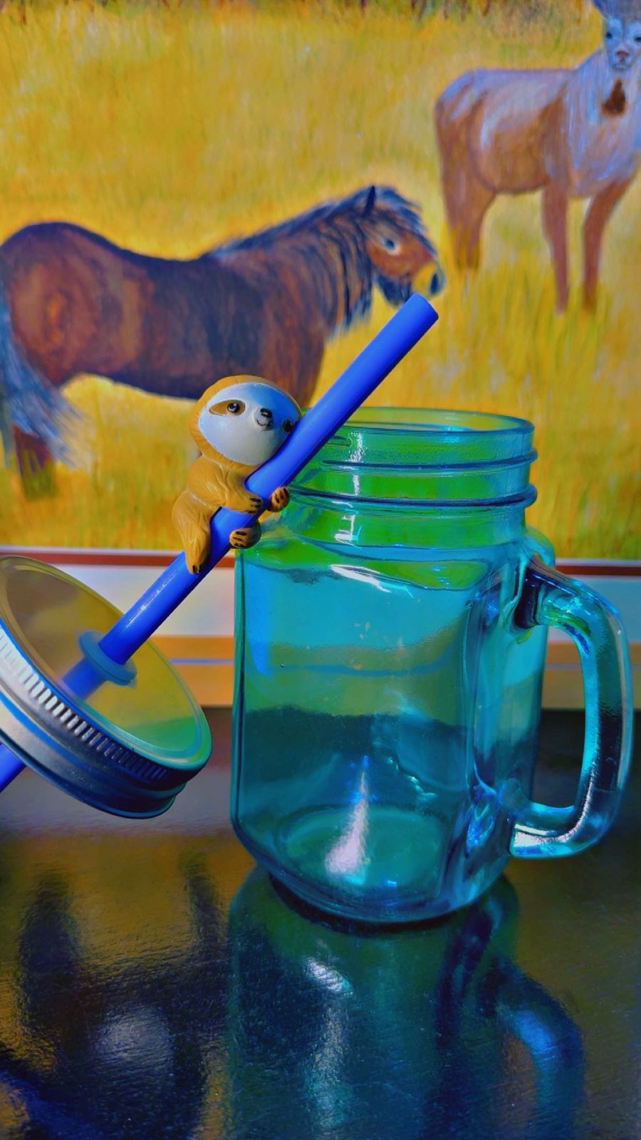 Novelty Glass Mason Jar Mug with Sloth Straw Topper - Blue | Reusable Straw Included