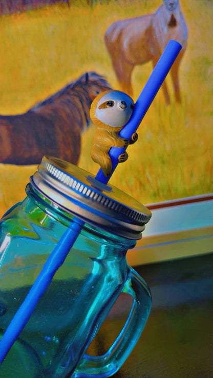 Novelty Glass Mason Jar Mug with Sloth Straw Topper - Blue | Reusable Straw Included
