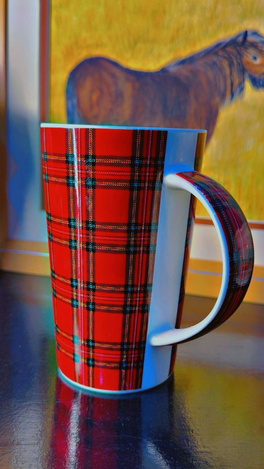Scottish Red Tartan Latte Mug - Tall Ceramic Coffee Mug with Plaid Design