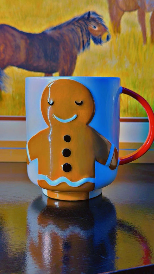 Gingerbread Man Christmas Mug - Festive Holiday Ceramic Mug with Red Handle
