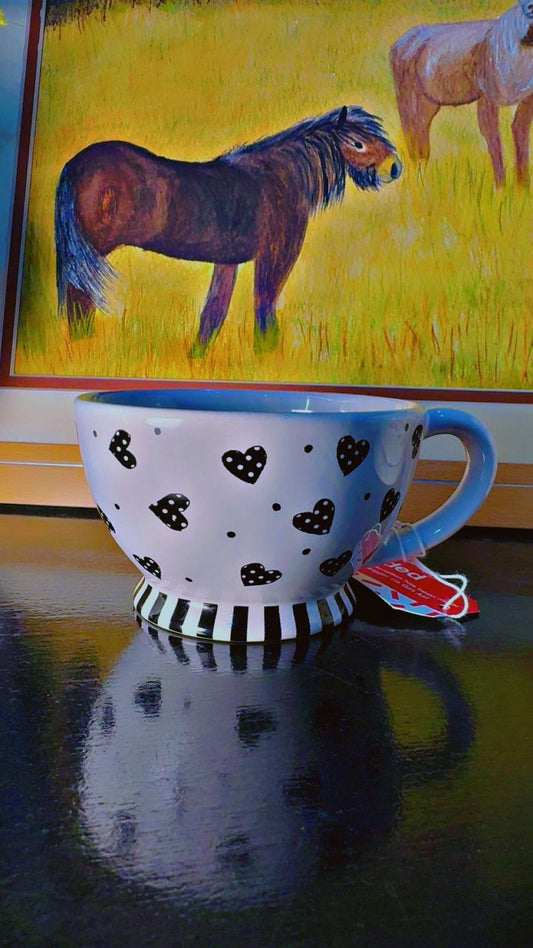 Polka Dot Heart Ceramic Mug with Blue Rim - Whimsical Design