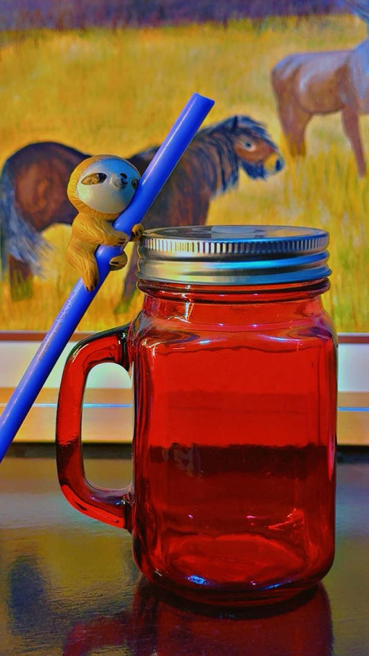 Red Glass Mason Jar with Sloth Straw Topper Reusable Straw Included