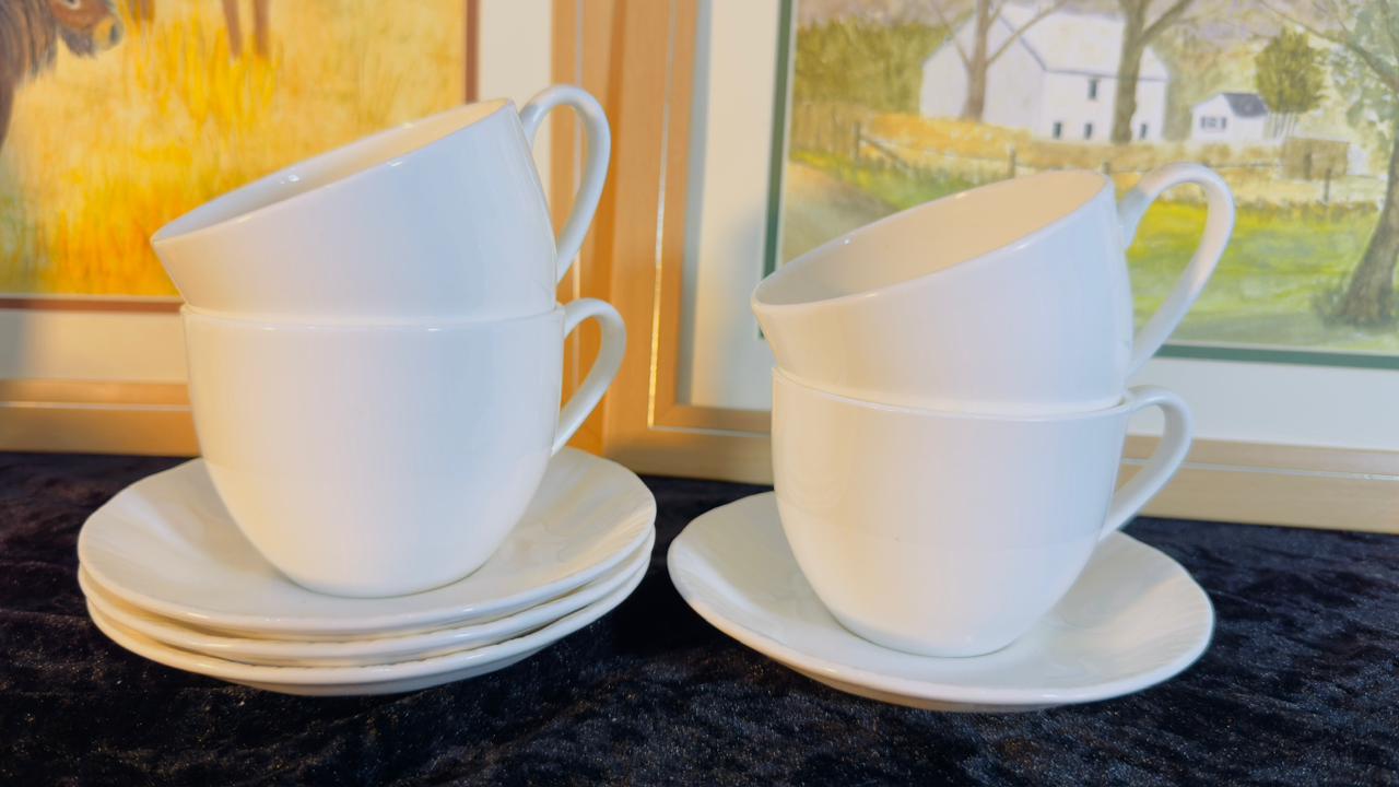 Premium White Porcelain Tea Cup and Saucer Set - 4 Pieces