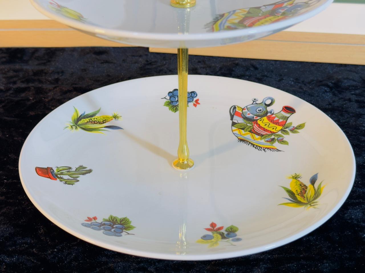 Vintage 2-Tier Cake Stand - Hand-Painted Fruit & Vegetable Design with Gold Handle
