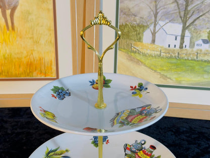 Vintage 2-Tier Cake Stand - Hand-Painted Fruit & Vegetable Design with Gold Handle