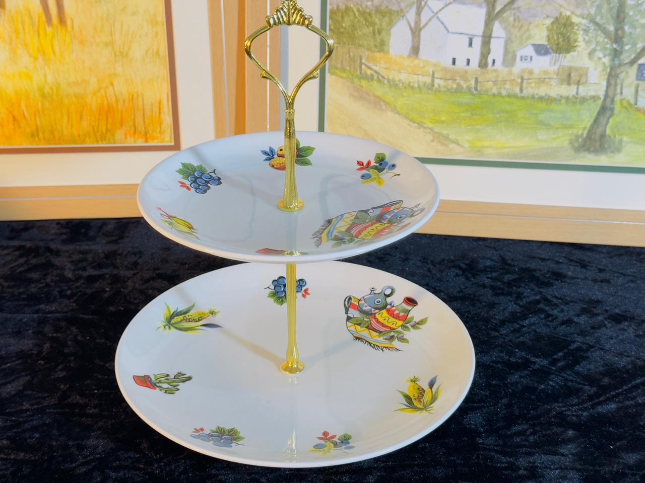 Vintage 2-Tier Cake Stand - Hand-Painted Fruit & Vegetable Design with Gold Handle