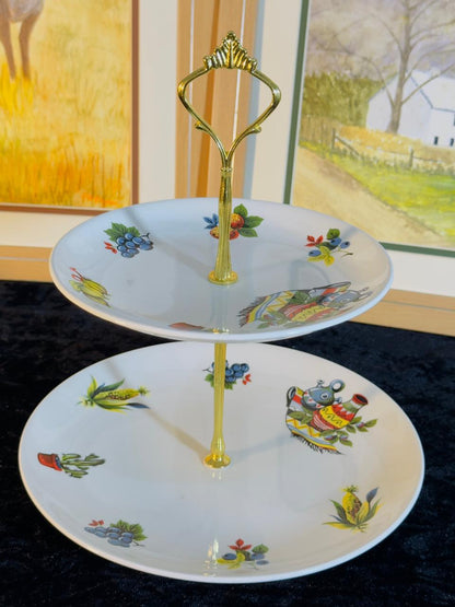 Vintage 2-Tier Cake Stand - Hand-Painted Fruit & Vegetable Design with Gold Handle