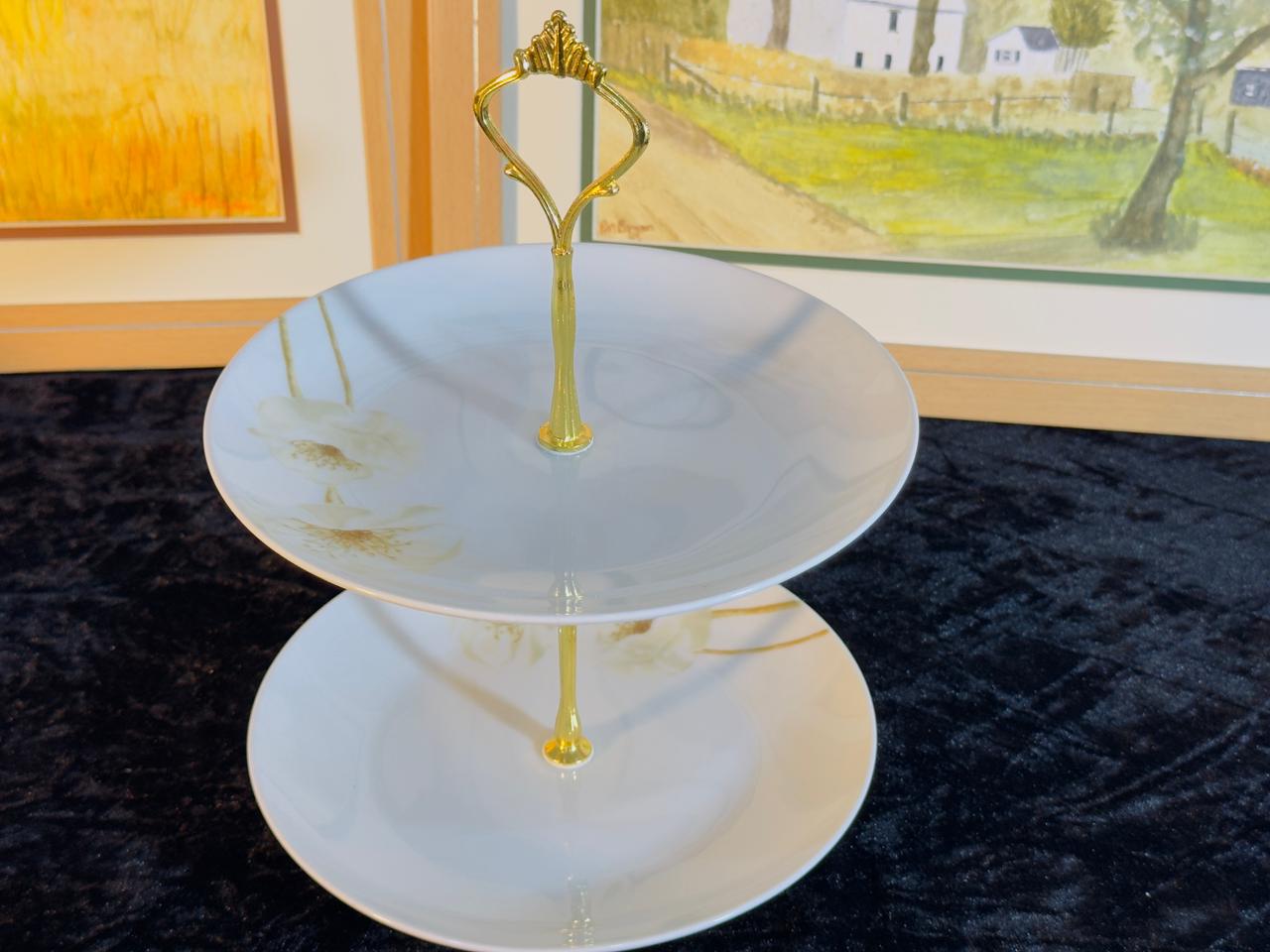Elegant White 2-Tier Cake Stand - Classic Design with Gold Handle | Porcelain Serving Stand