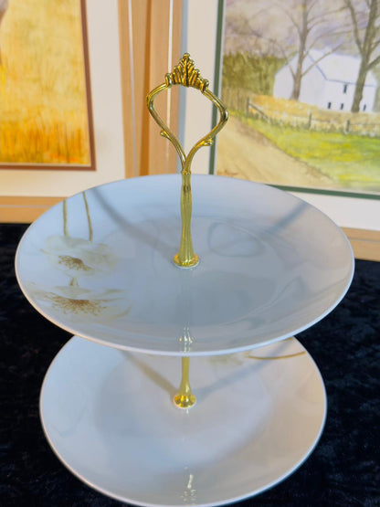 Elegant White 2-Tier Cake Stand - Classic Design with Gold Handle | Porcelain Serving Stand