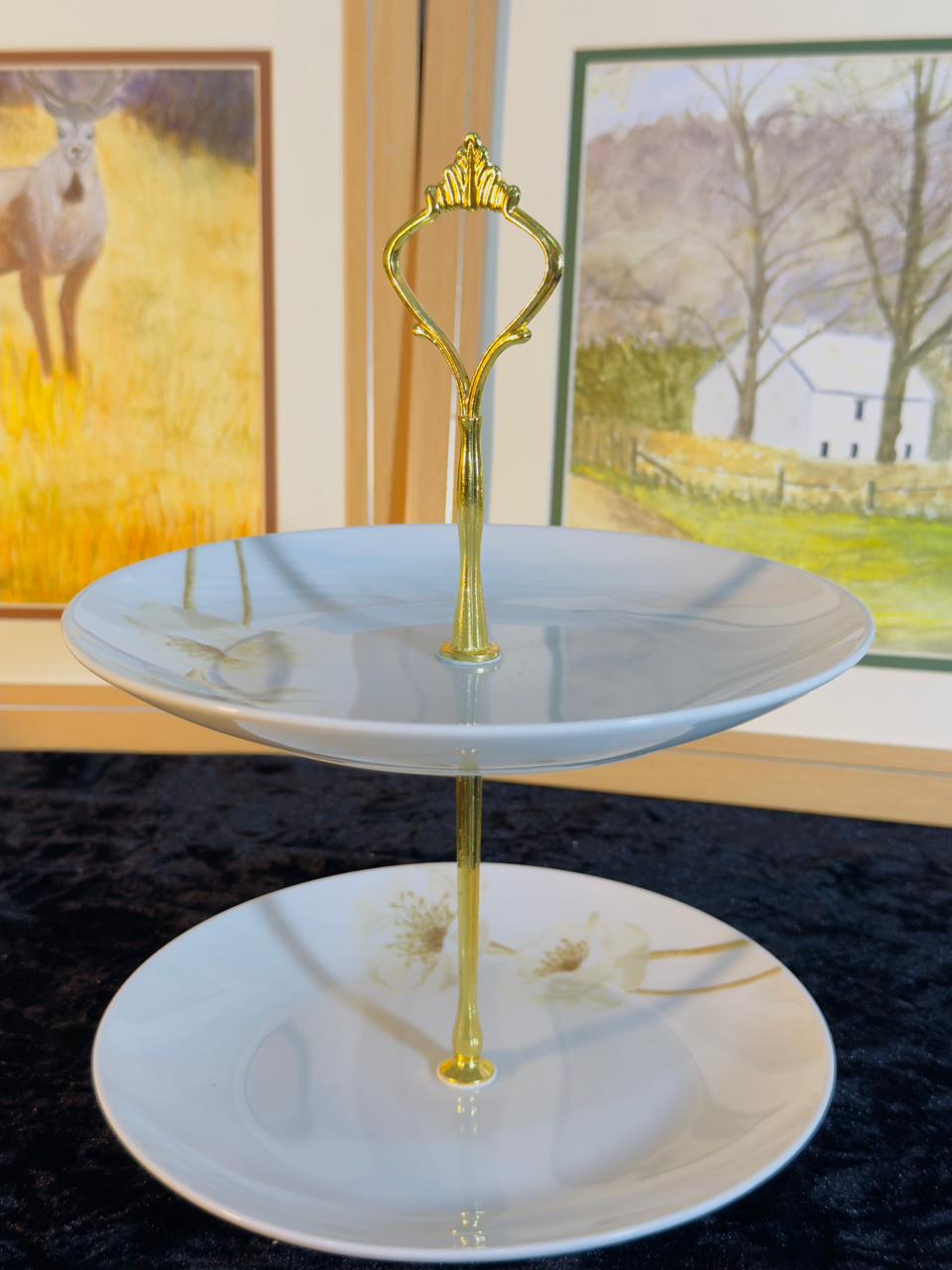 Elegant White 2-Tier Cake Stand - Classic Design with Gold Handle | Porcelain Serving Stand