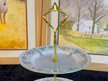 Vintage 2-Tier Cake Stand - Delicate Floral Border Design with Gold Handle