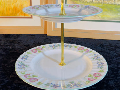 Vintage 2-Tier Cake Stand - Delicate Floral Border Design with Gold Handle