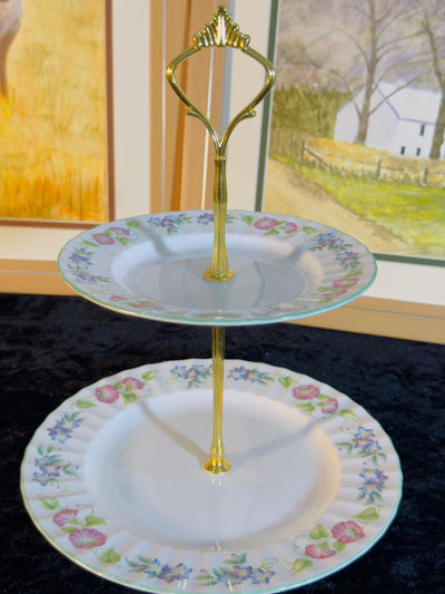 Vintage 2-Tier Cake Stand - Delicate Floral Border Design with Gold Handle