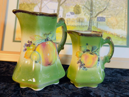 Green Ceramic Pitcher Set - 2 Pieces with Hand-Painted Peach & Grapes Design