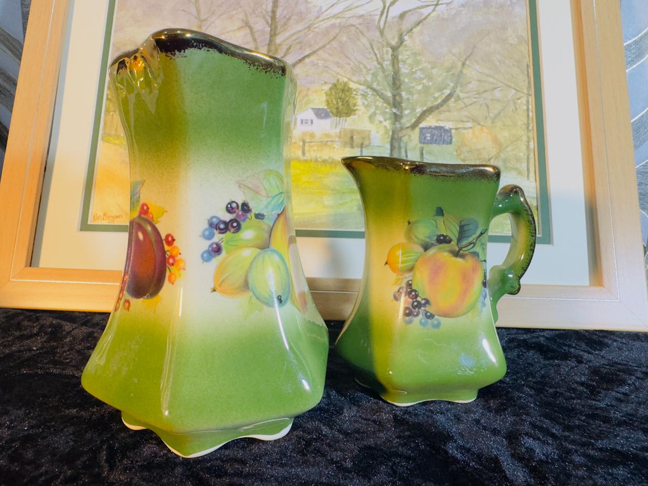 Green Ceramic Pitcher Set - 2 Pieces with Hand-Painted Peach & Grapes Design