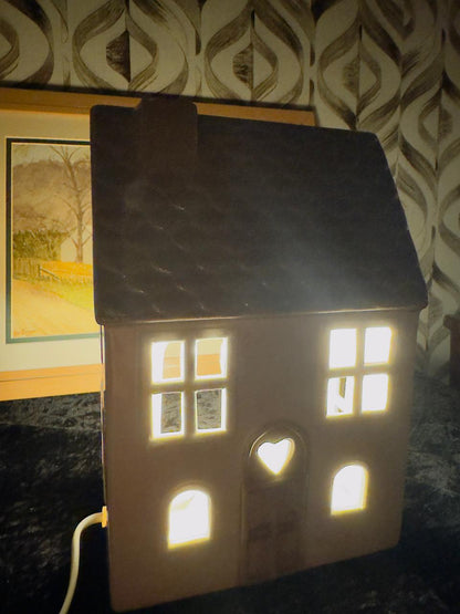 Ceramic House Tea Light Holder - White Cottage Night Light with Iridescent Roof