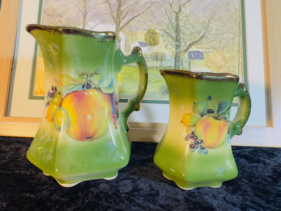 Green Ceramic Pitcher Set - 2 Pieces with Hand-Painted Peach & Grapes Design