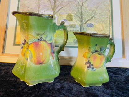 Green Ceramic Pitcher Set - 2 Pieces with Hand-Painted Peach & Grapes Design