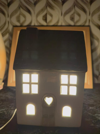 Ceramic House Tea Light Holder - White Cottage Night Light with Iridescent Roof