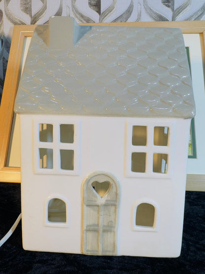Ceramic House Tea Light Holder - White Cottage Night Light with Iridescent Roof