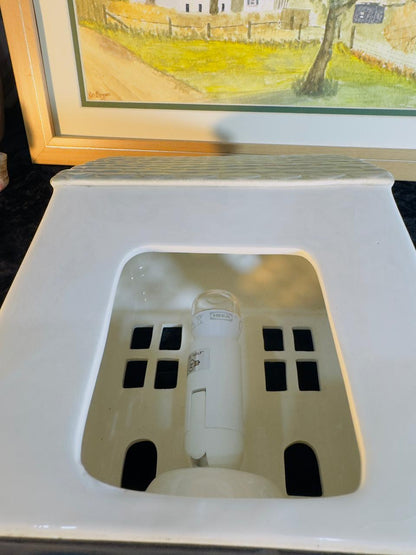 Ceramic House Tea Light Holder - White Cottage Night Light with Iridescent Roof