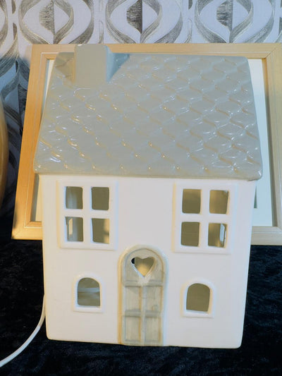 Ceramic House Tea Light Holder - White Cottage Night Light with Iridescent Roof