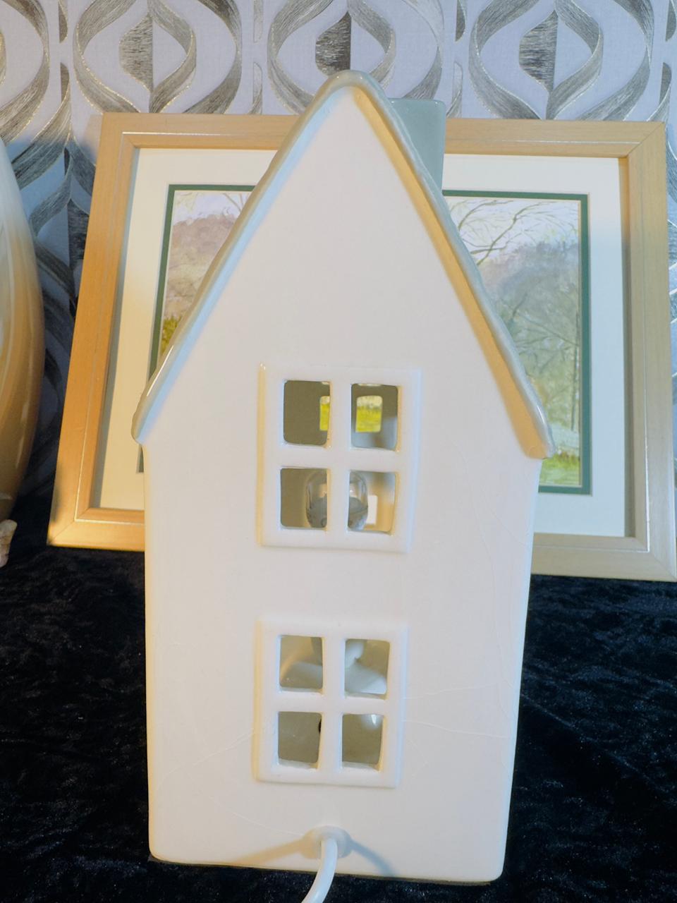 Ceramic House Tea Light Holder - White Cottage Night Light with Iridescent Roof
