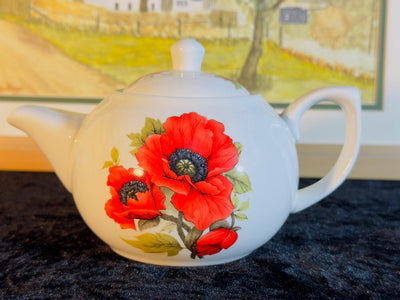 Fine Porcelain Teapot - Hand-Painted Red Poppy Flower Design with Lid