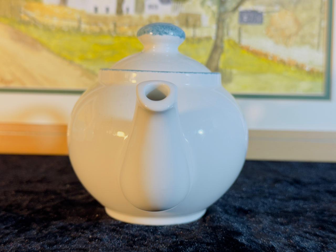 White Porcelain Teapot - Classic Design with Blue Speckled Lid