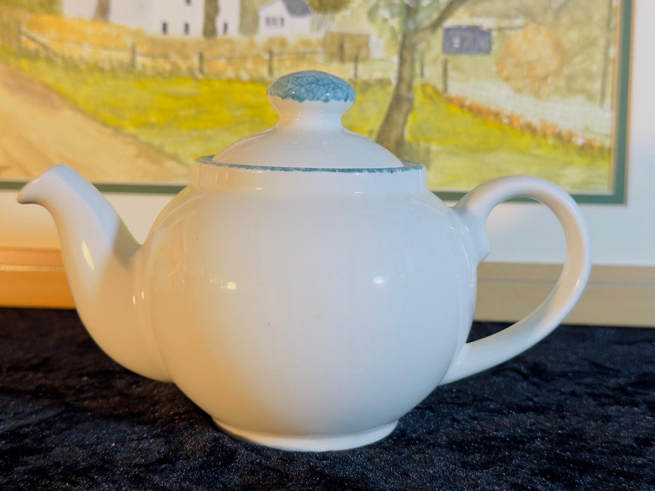 White Porcelain Teapot - Classic Design with Blue Speckled Lid