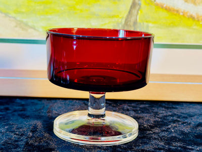 Vintage Ruby Red Glass Dessert Bowls Set - 6 Pieces | Champagne Coupes with Clear Stems