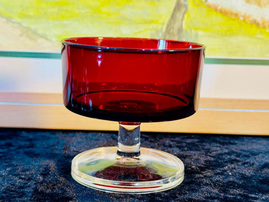 Vintage Ruby Red Glass Dessert Bowls Set - 6 Pieces | Champagne Coupes with Clear Stems