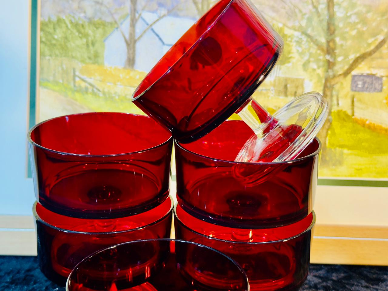Vintage Ruby Red Glass Dessert Bowls Set - 6 Pieces | Champagne Coupes with Clear Stems