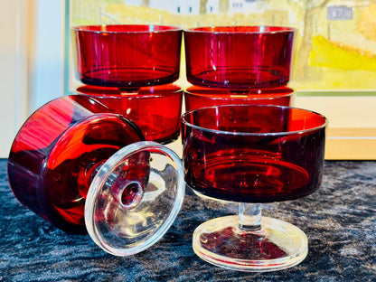 Vintage Ruby Red Glass Dessert Bowls Set - 6 Pieces | Champagne Coupes with Clear Stems