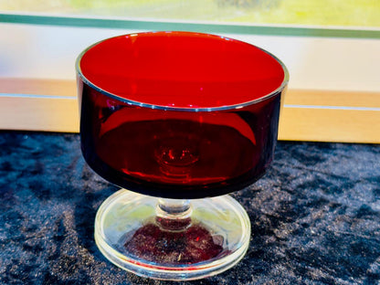 Vintage Ruby Red Glass Dessert Bowls Set - 6 Pieces | Champagne Coupes with Clear Stems