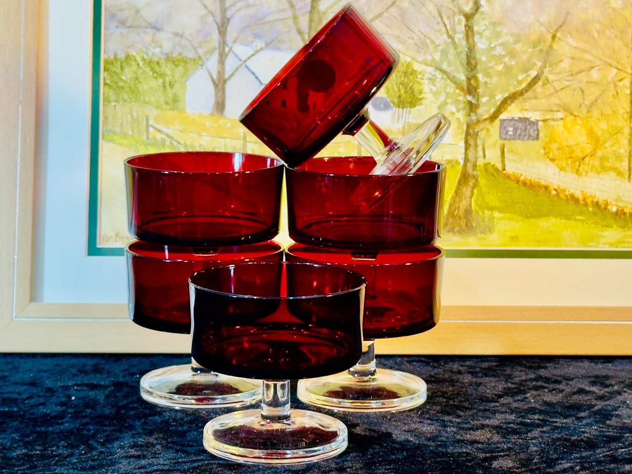 Vintage Ruby Red Glass Dessert Bowls Set - 6 Pieces | Champagne Coupes with Clear Stems