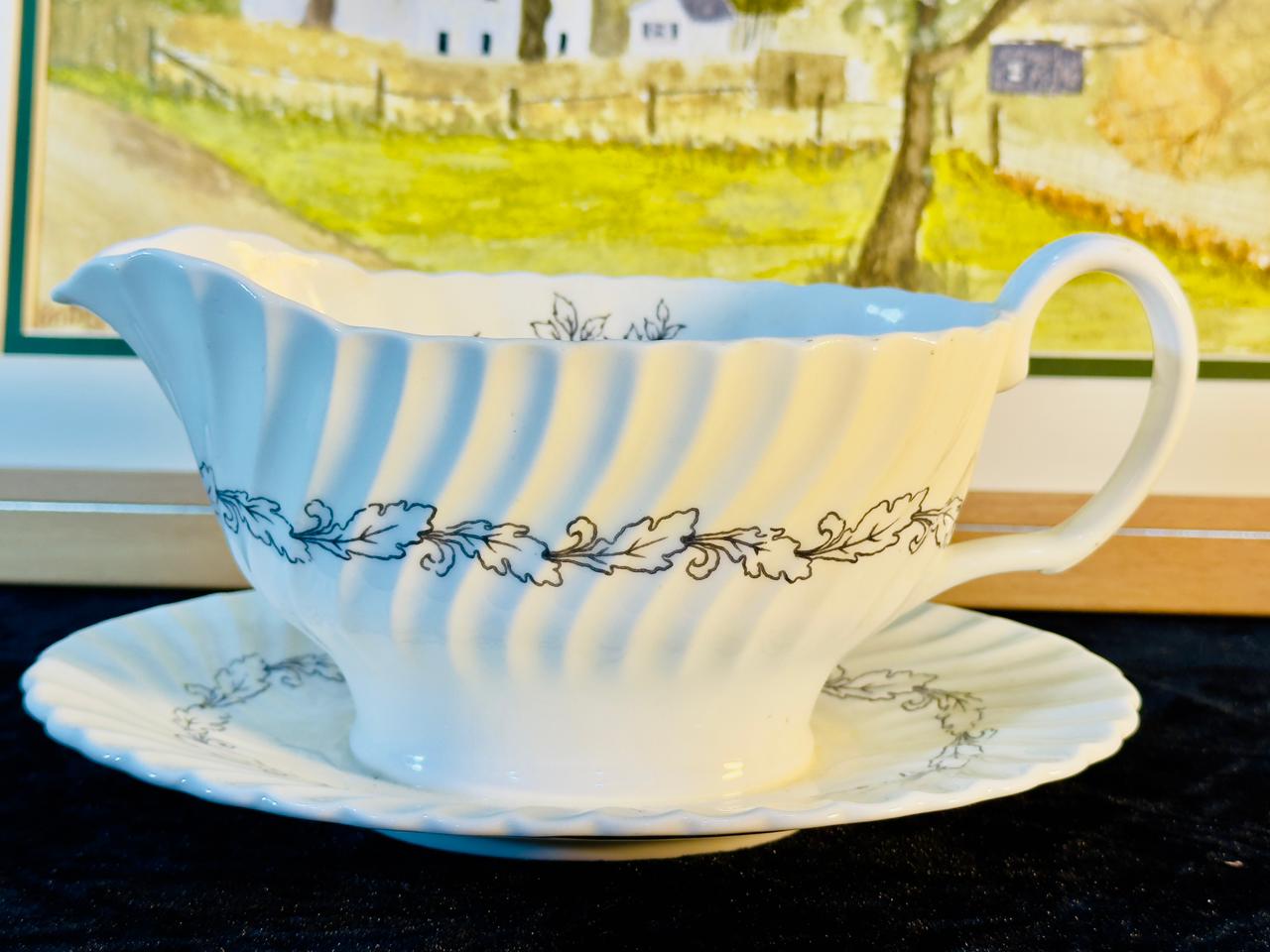 Vintage White Porcelain Gravy Boat with Saucer - Embossed Leaf Design & Fluted Edge