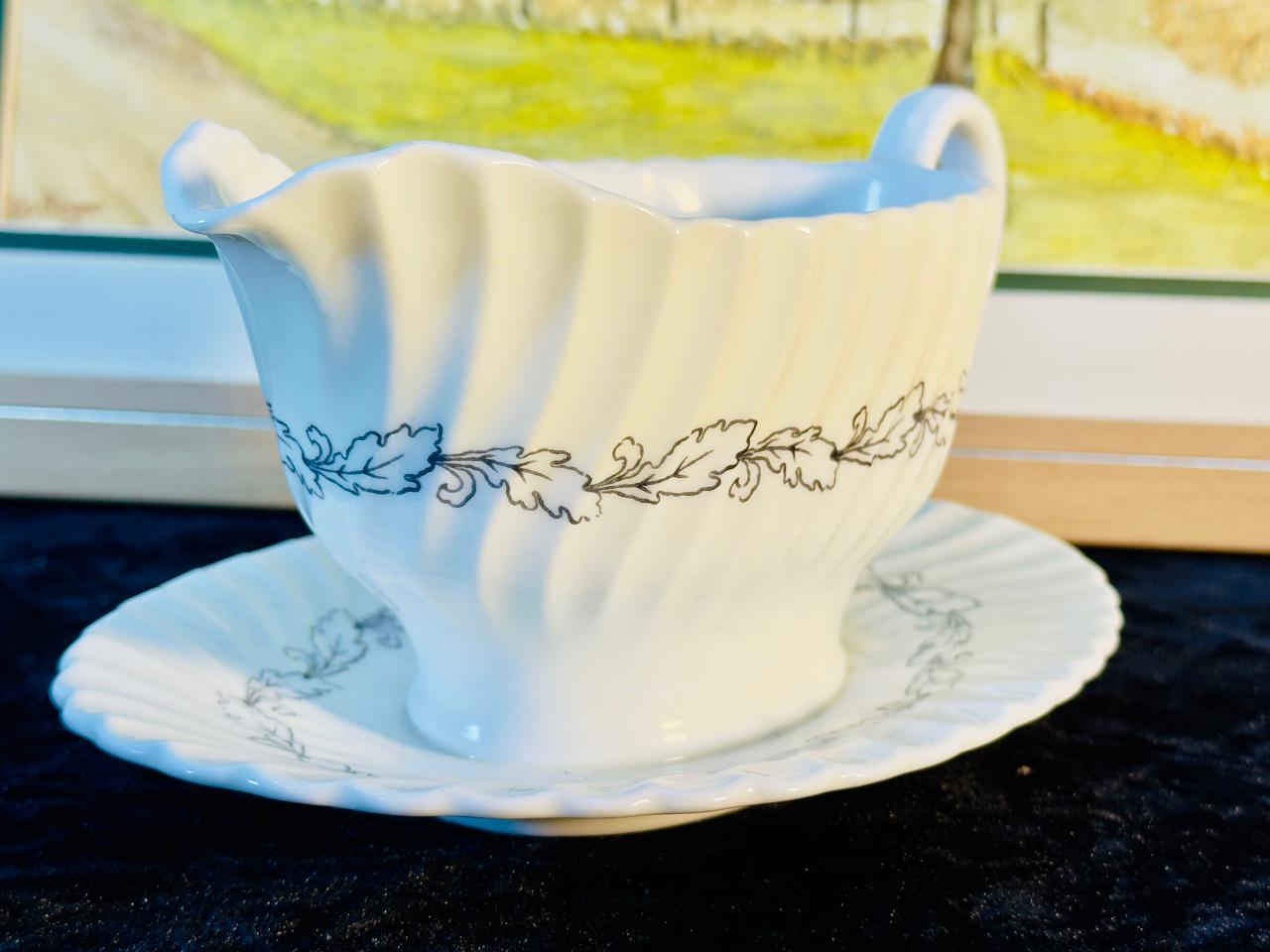 Vintage White Porcelain Gravy Boat with Saucer - Embossed Leaf Design & Fluted Edge