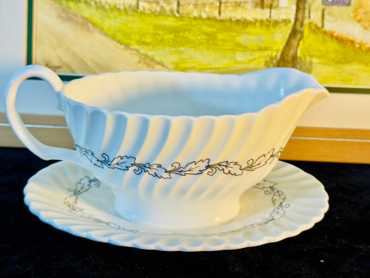 Vintage White Porcelain Gravy Boat with Saucer - Embossed Leaf Design & Fluted Edge