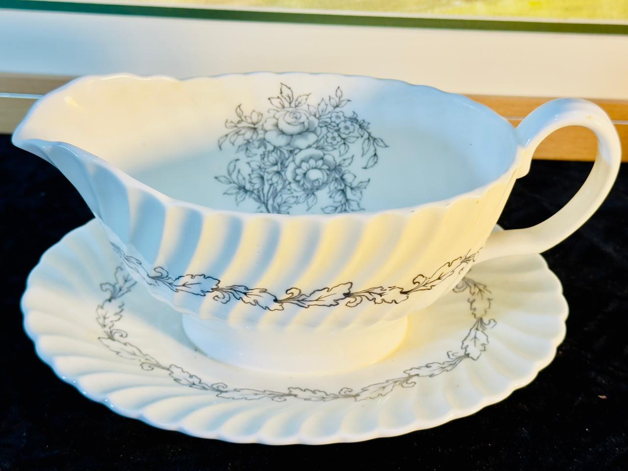 Vintage White Porcelain Gravy Boat with Saucer - Embossed Leaf Design & Fluted Edge