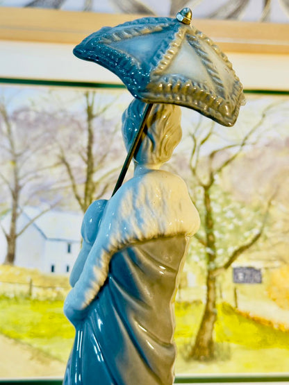 Vintage Ceramic Lady Figurine with Umbrella - Art Deco Style Blue Gradient