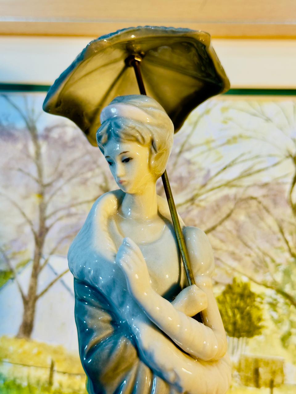 Vintage Ceramic Lady Figurine with Umbrella - Art Deco Style Blue Gradient