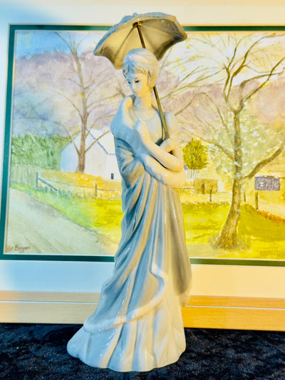 Vintage Ceramic Lady Figurine with Umbrella - Art Deco Style Blue Gradient
