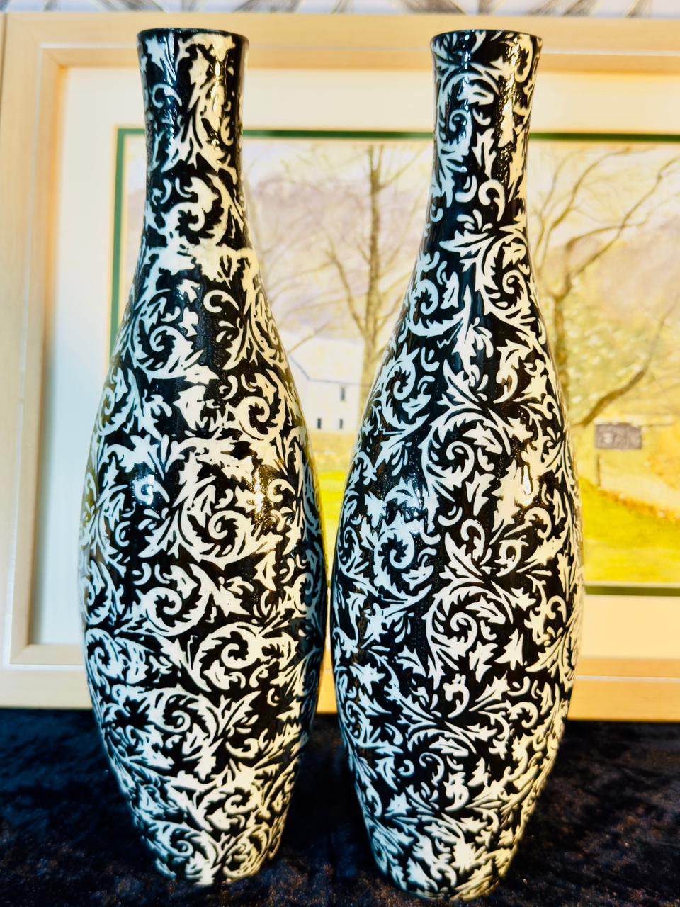 Decorative Ceramic Vases Set - Black & White Baroque Scroll Pattern | Pair of 2