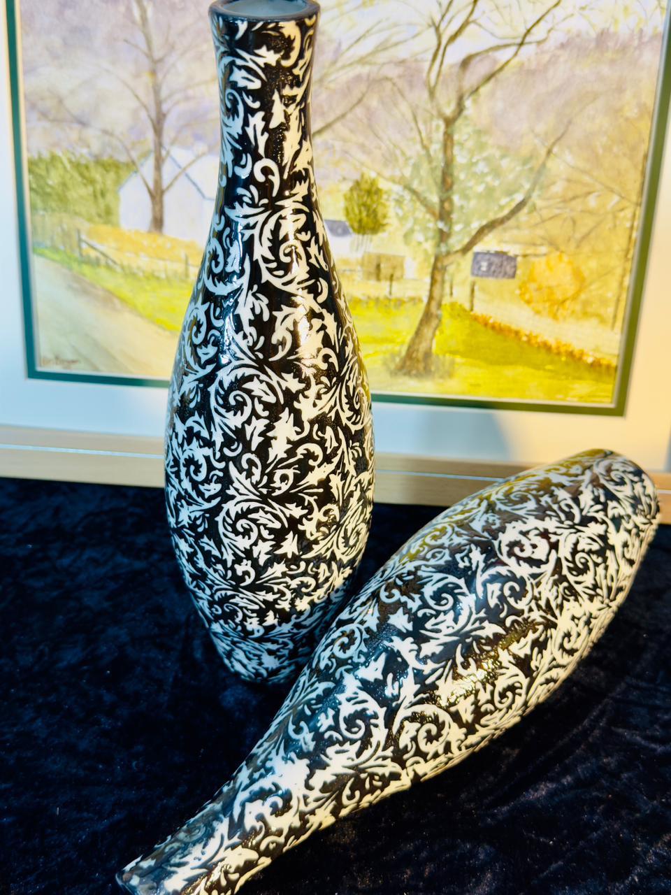Decorative Ceramic Vases Set - Black & White Baroque Scroll Pattern | Pair of 2