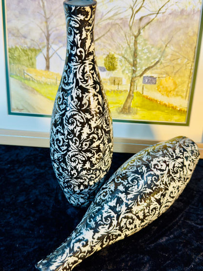 Decorative Ceramic Vases Set - Black & White Baroque Scroll Pattern | Pair of 2