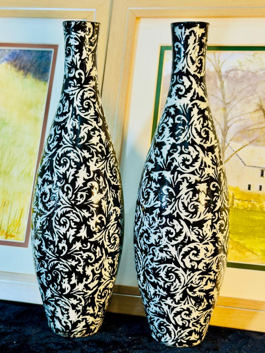 Decorative Ceramic Vases Set - Black & White Baroque Scroll Pattern | Pair of 2